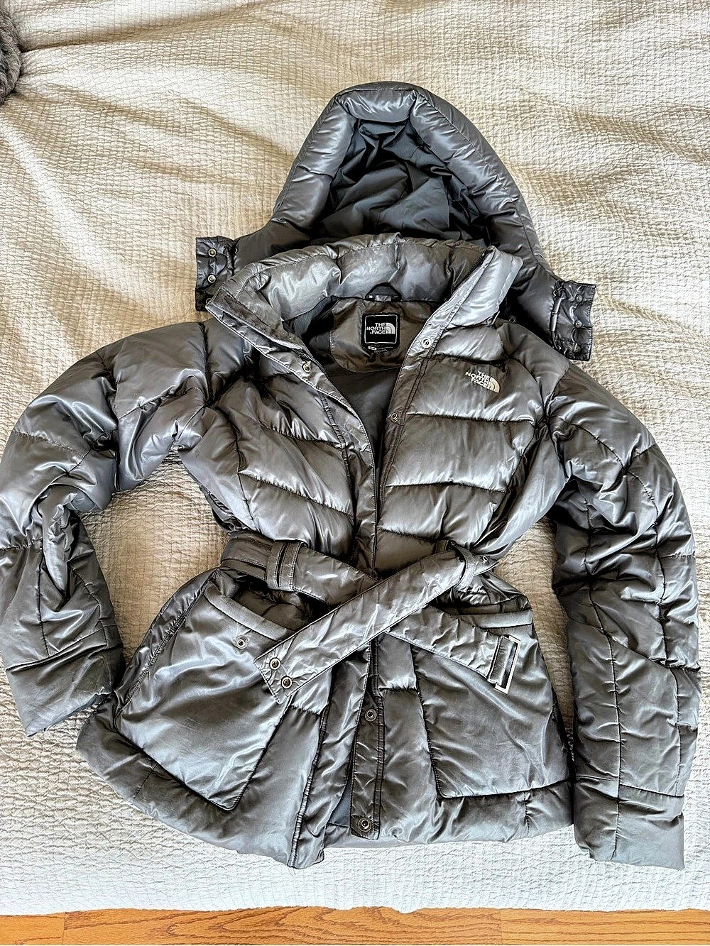 The North Face Nuptse Mid Down Parka 550 Fill Belted Puffer Gray M